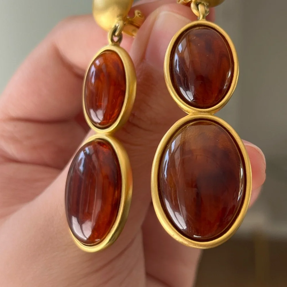 Vintage Givenchy Amber Resin Cabochon Drop Dangle Matte Gold Long Clip Earrings - Picture 9 of 12